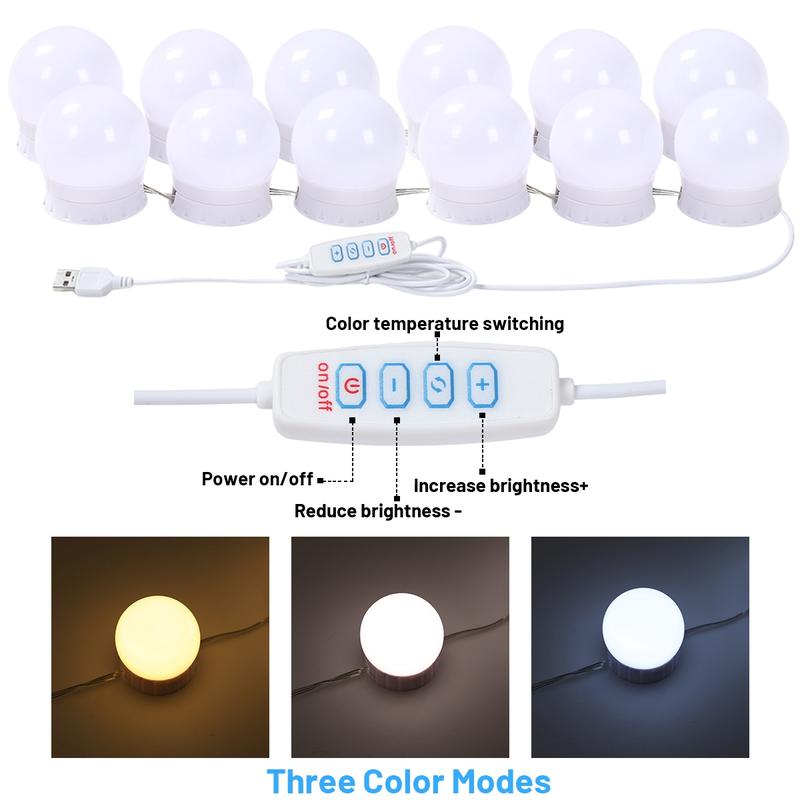 LED Vanity Lights For Mirror, Consciot Hollywood Style With 12 Dimmable Bulbs, Adjustable Color & Brightness, USB Cable, Stick on for Makeup Table Dressing Room Mirror
