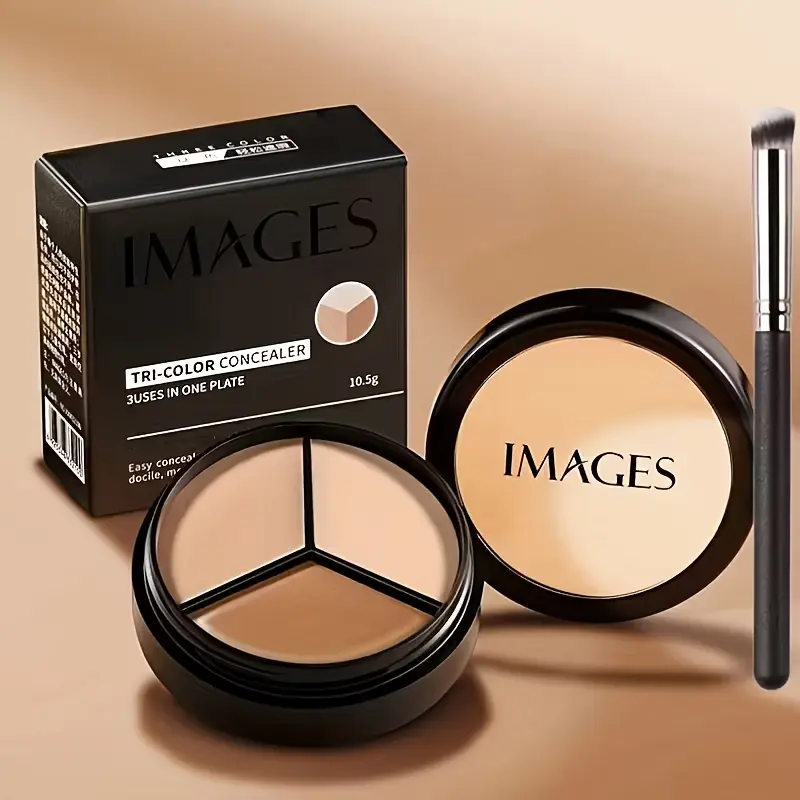 Tri-Color Cream Concealer Palette with Brush (10g, Normal Coverage) - Regular Edition Foundation, Waterproof, Brightening, Lightweight, Long-Lasting, Hides Blemishes & Dark Circles, Shimmer Finish, 3-Year Shelf Life, Boxed Cosmetic, Ideal Gift