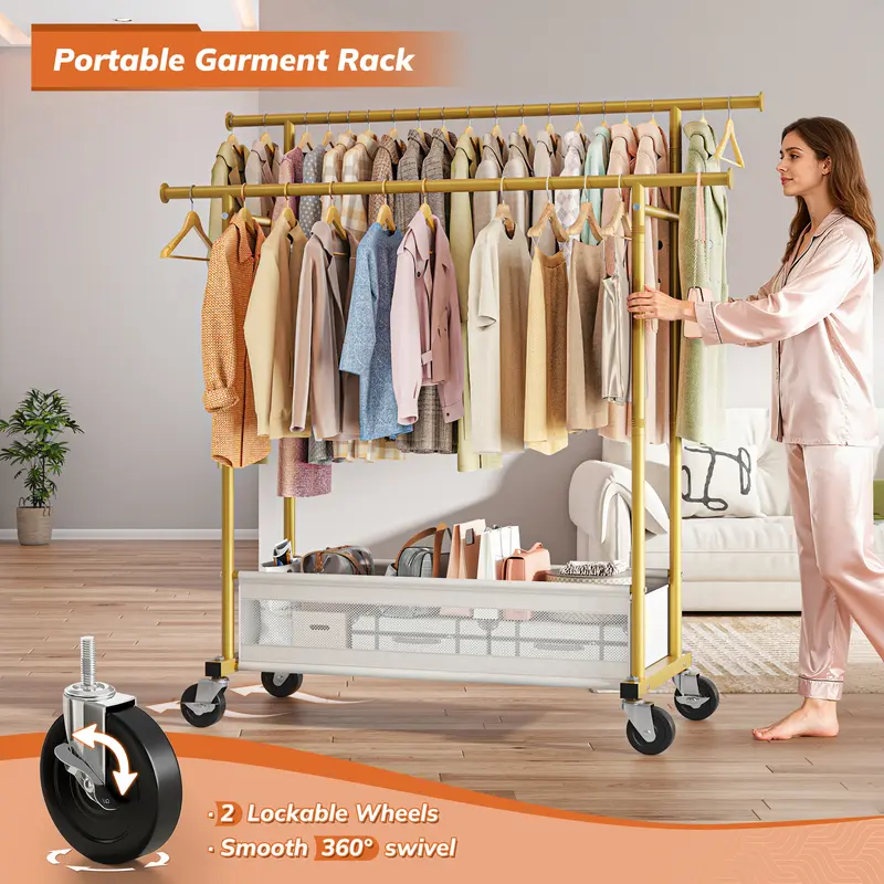 Raybee Heavy Duty Clothing Racks with Net Pocket Holds Up to 210lbs,Double Rod Metal Clothes Rack for Hanging, Rolling Garment Rack with Wheels Portable Closet Racks for Bedroom, Laundry Room,Dorm, Black, White, Gold