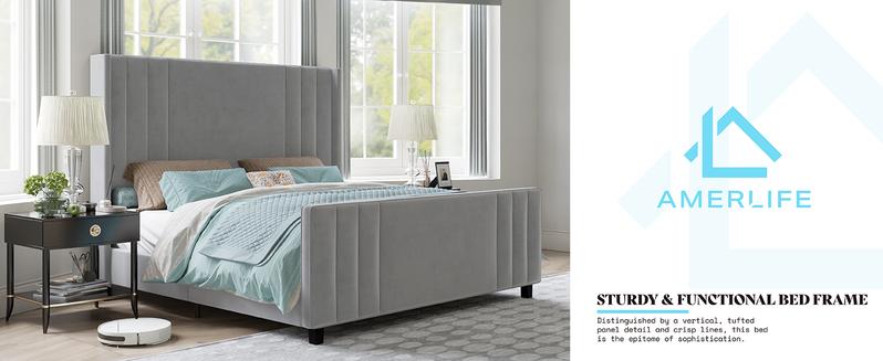 AMERLIFE Upholstered Bed with Vertical Channel Tufted Wingback Headboard & Footboard, Premium Velvet,No Box Spring Needed/Cool Furniture Bedroom/Queen/King Size/Best Gift Ideas/Christmas Gifts