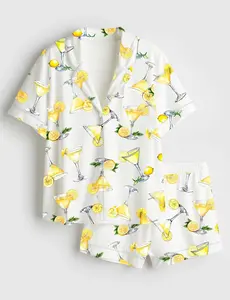 Women’s Lemon Drop Martini Watercolor Cocktail Beverage Alcohol Wedding Clipart Margarita Long Sleeve Satin Pajama Set - Pyjamas - Includes Short Pajamas and Long Pajamas.