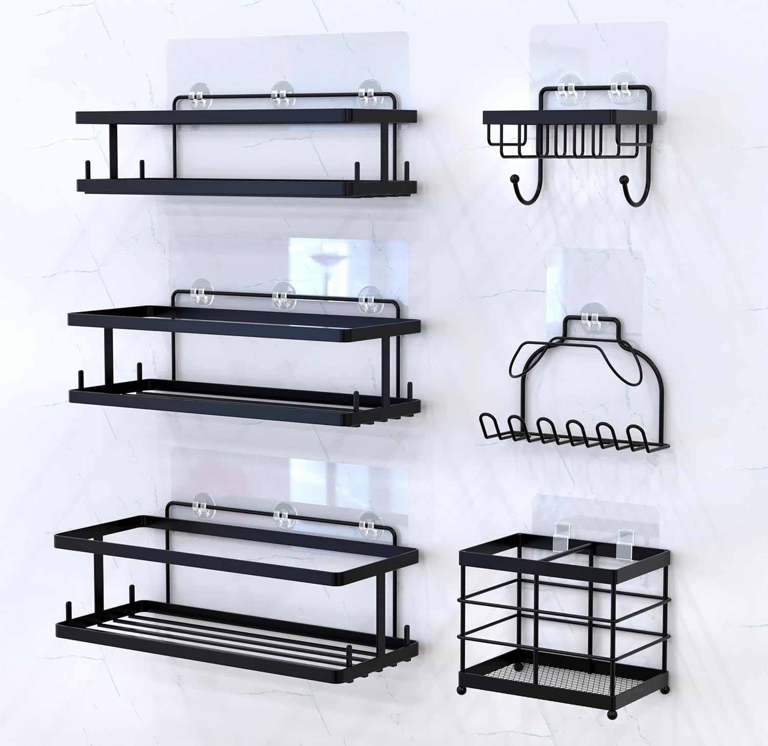 6 Pack Bathroom Adhesive Shower Shelves for Tile Wall Toiletry Kitchen Organizer and Large Capacity Bathtub Essentials Wall Rack Suction