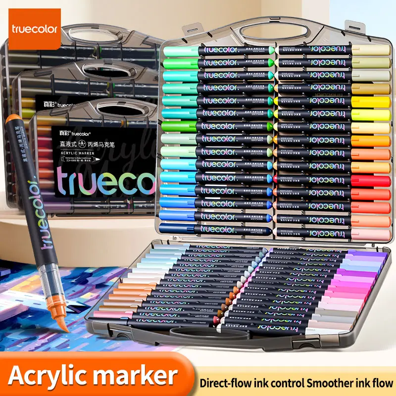 Truecolor Professional 24-Color Acrylic Painting Pen Art Supplies Kit - Black Barrel, Direct Ink Flow, PP Storage Case for Adults' DIY & Artwork Projects (1 Set)