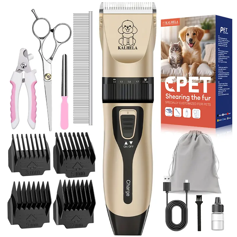Ceenwes Dog Clippers Low Noise Pet Clippers Rechargeable Trimmer Cordless Grooming Tool Professional Dog Hair Trimmer with Comb Guides Scissors for Dogs Cats & Others（Gold）
