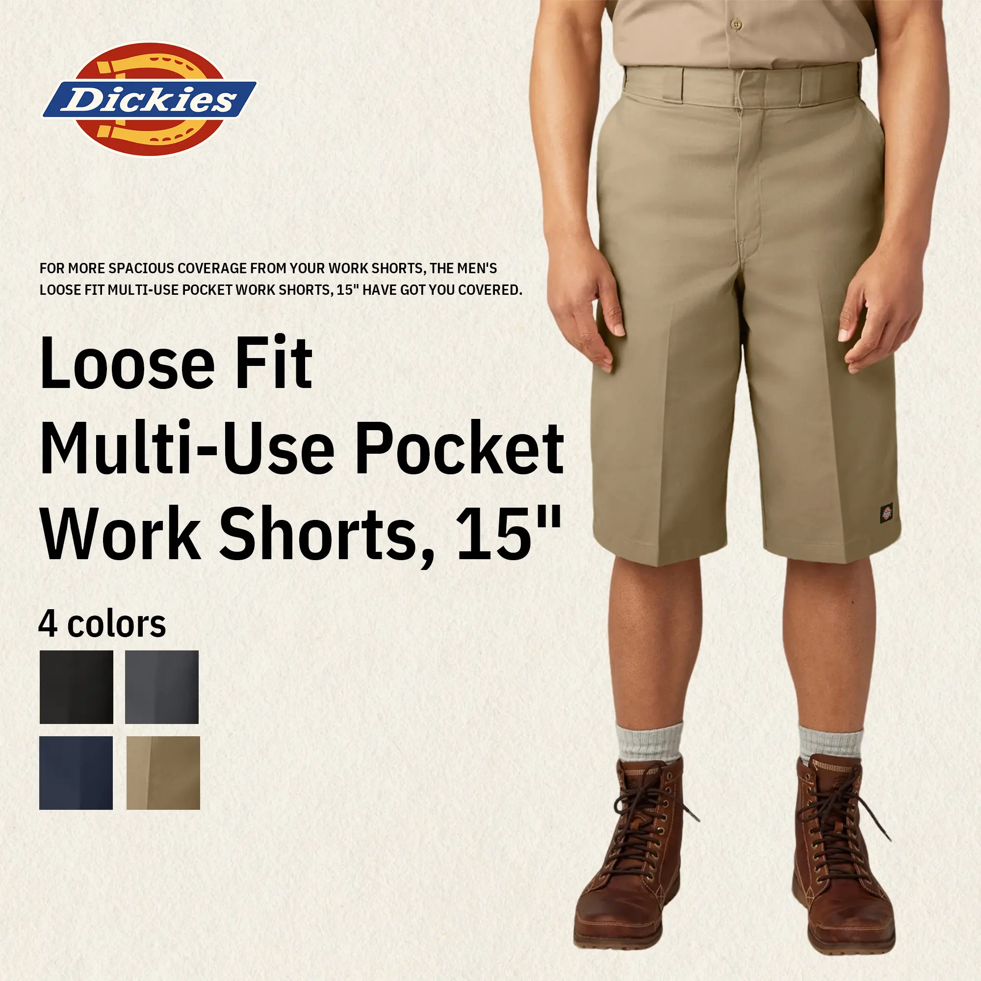 Dickies Loose Fit Multi-Use Pocket Work Shorts, 15"Two-Piece Waistband,Utility Pockets,Wrinkle Resistant,Stain Release, Classic Workwear Style