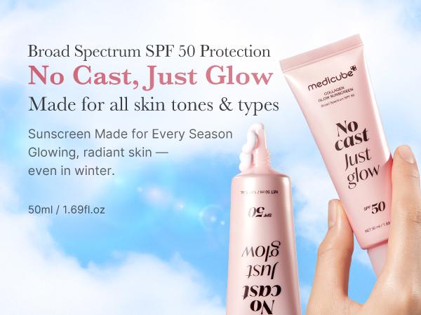 [NEW] [medicube] No Cast Just Glow Collagen Sunscreen | SPF 50 Broad Spectrum Face Sunscreen | Lightweight, Non-Sticky, Hydrating Formula | No White Cast or Residue | Peptide, Cica for Soothing & Natural Glow