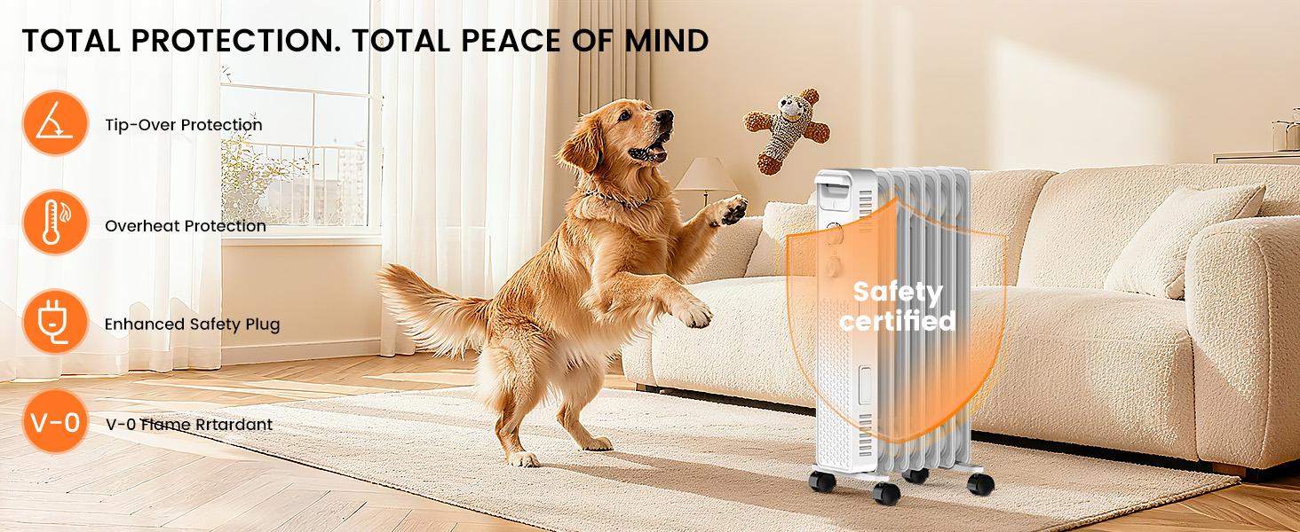 R.W.FLAME Oil Filled Radiator Heater,1500W Portable Electric with 3 Settings Adjustable Thermostat, Overheat Protection ,Quiet for Indoor Bedroom,Office, Wheels Handle Mobility, 7 Fins