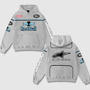 Retro Sky Blue Redbull x Alpinestars Racing Washed Hoodie Motor World Champion Enthusiast Apparel Streetwear Racing Team Super Motorsports Clothing Motobike Riders Supermotor Off-Road Dirt Bike Fan Gear Cotton For Motor Fan