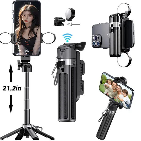 USfoture 6-in-1 Magnetic Mini 20.5'' Selfie Stick for iPhone with LED Lights. Can Converts into Mini Tripod/Phone Camera Grip/Handheld Stabilizer/Phone Stand. Selfie Stick with Rechargable Remote
