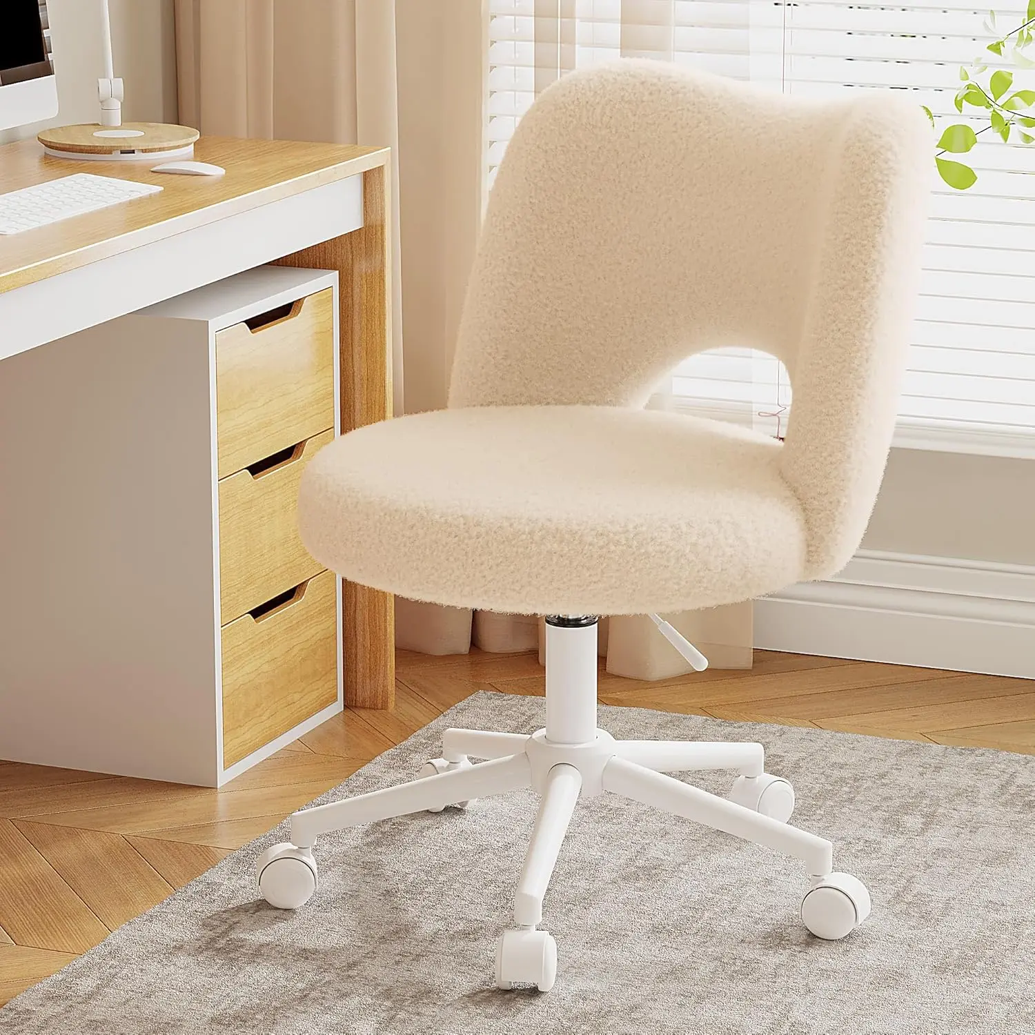 Raybee Vanity Chair with Wheels Armless, Cute Vanity Chair with Back,Ultra-Plush Fleece Cute Desk Chair, Small Office Chair Height Adjustable,for Make-up Room,Bedroom #DealsForYouDays #TikTokShopBackToSchool