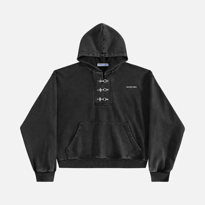 Aelfric Eden Boxy Metal Toggle Pullover Hoodie Oversized Boxy Cropped Fit Acid Wash Finish Metal Toggle Half Placket Detail Kangaroo Pocket Soft Fabric Retro Streetwear Unisex Top,clothes for back to school,first day of school outfits