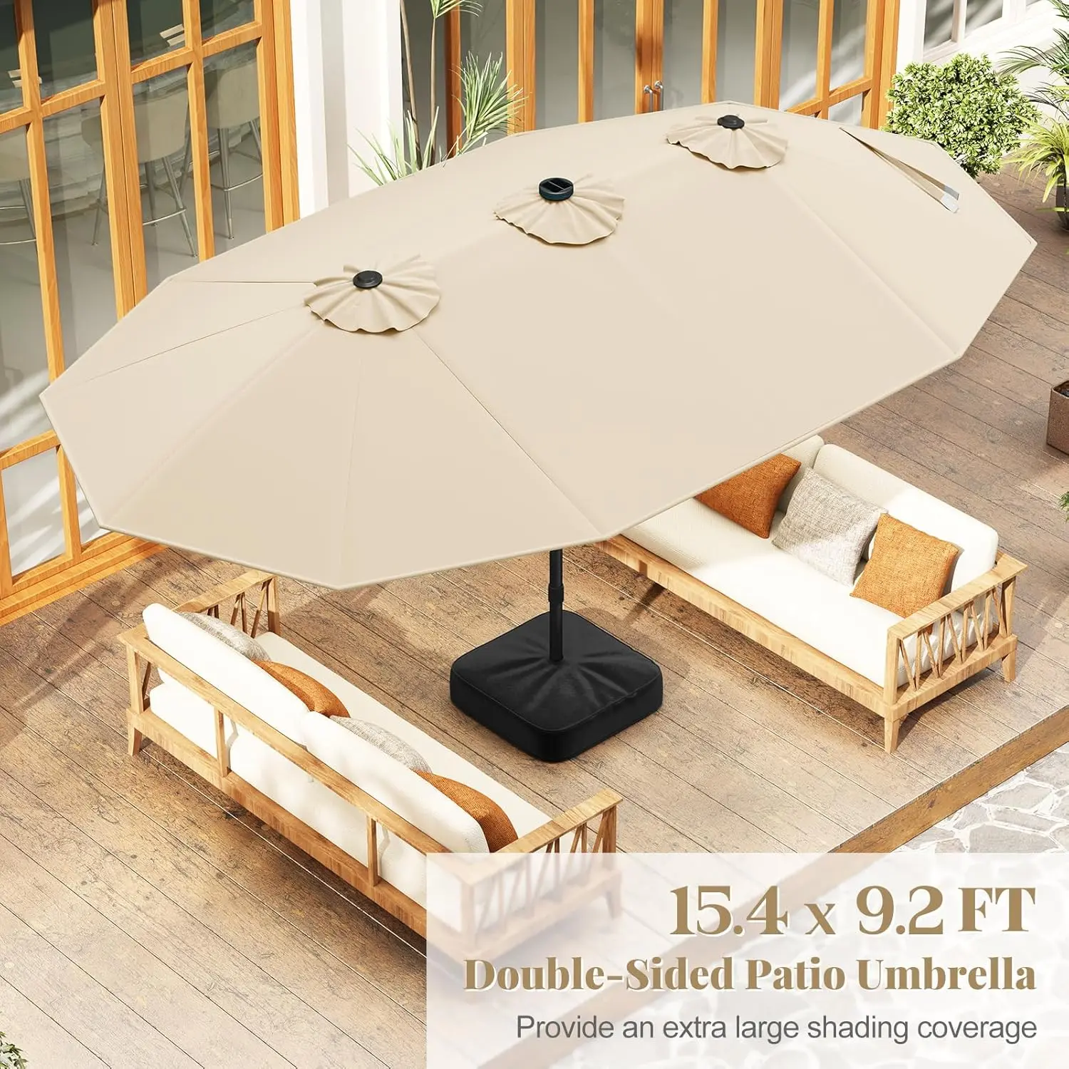 15ft double-sided extra large patio twin umbrella Bigroof Umbrella with Crank Handle & Umbrella Base Beige or placed at a caf to provide shade for those enjoying a leisurely cup of coffee Gymax 15 ft Double-Sided Patio