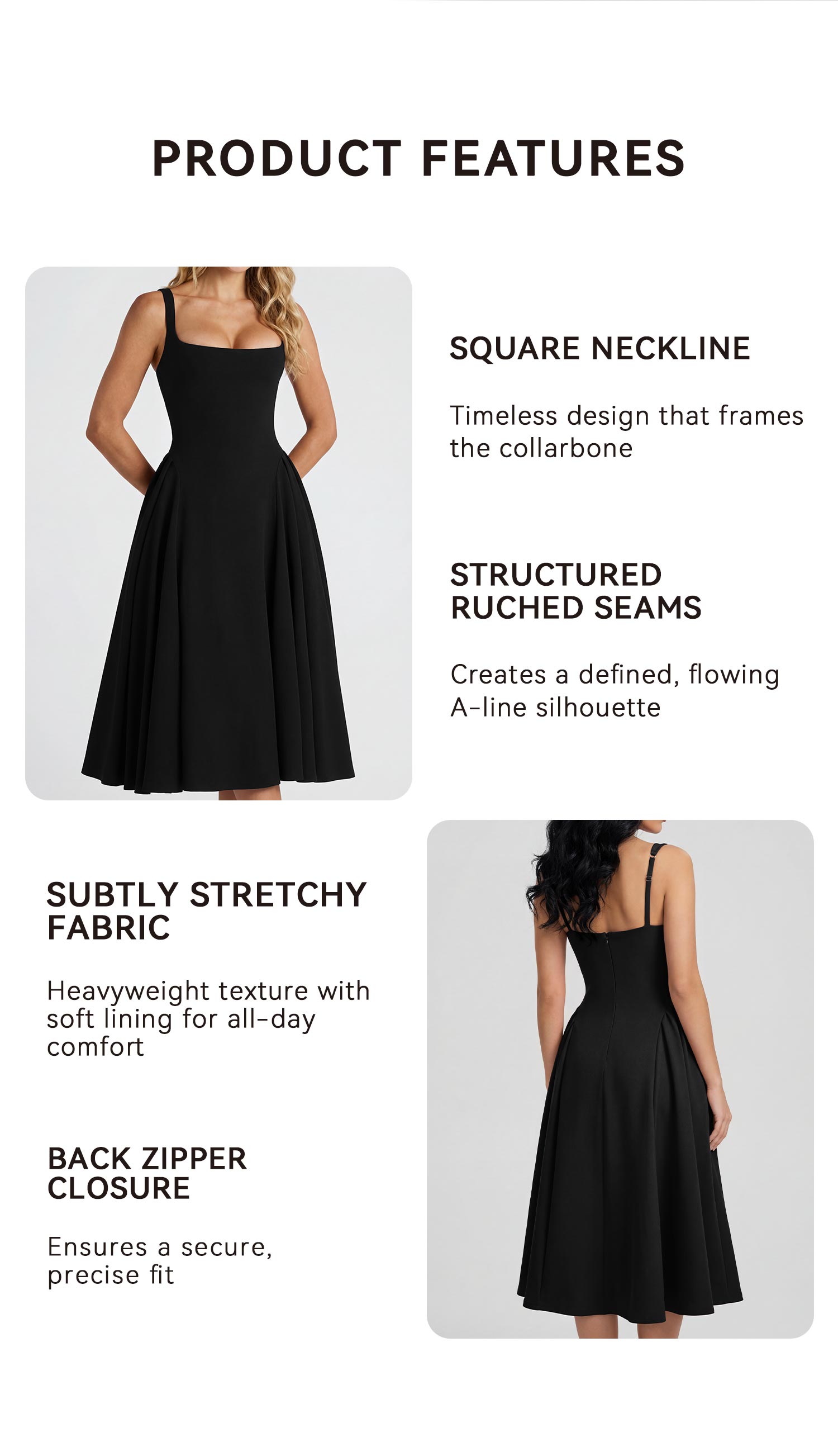OQQ Women's Sleeveless Elegant Square Neck Swing A Line Wedding Evening Party And Casual Midi Dress