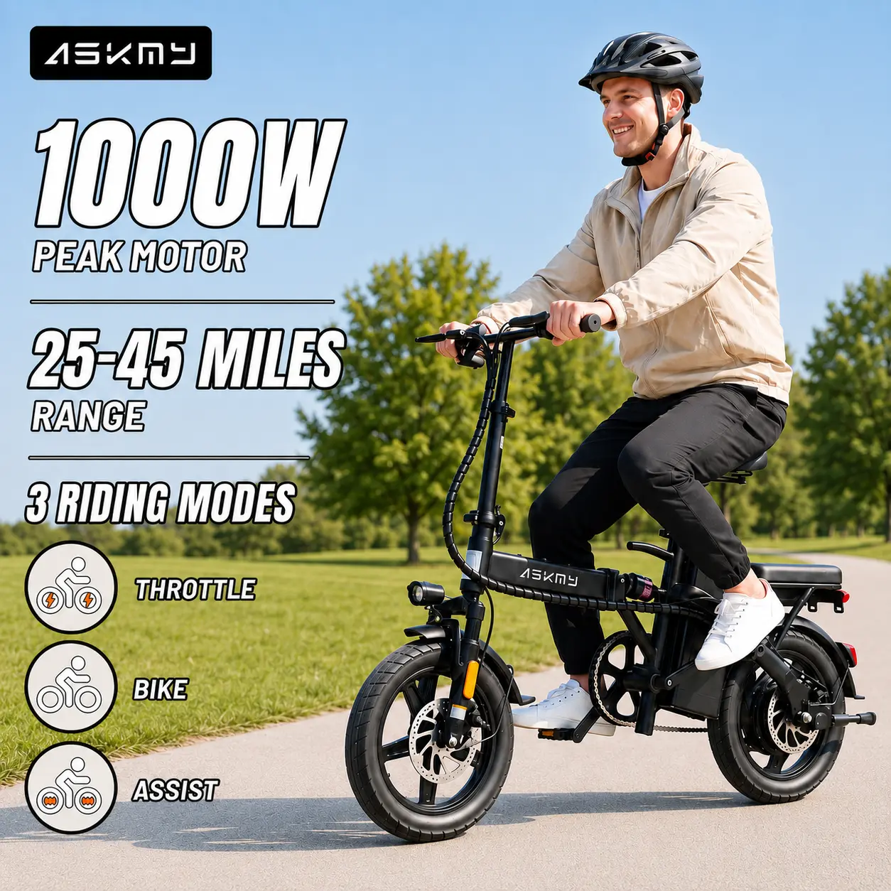 ASKMY E14 Lightweight Folding Electric Bicycle, 750W–1000W Peak Motor | Up to 45 Miles Range | 14" Tubeless Tires, Dual Brakes | UL Certified Battery for Urban Riding