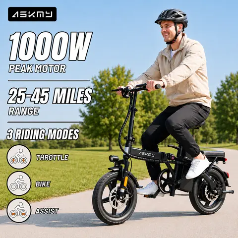 ASKMY E14 Lightweight Folding Electric Bicycle, 750W–1000W Peak Motor | Up to 45 Miles Range | 14" Tubeless Tires, Dual Brakes | UL Certified Battery for Urban Riding