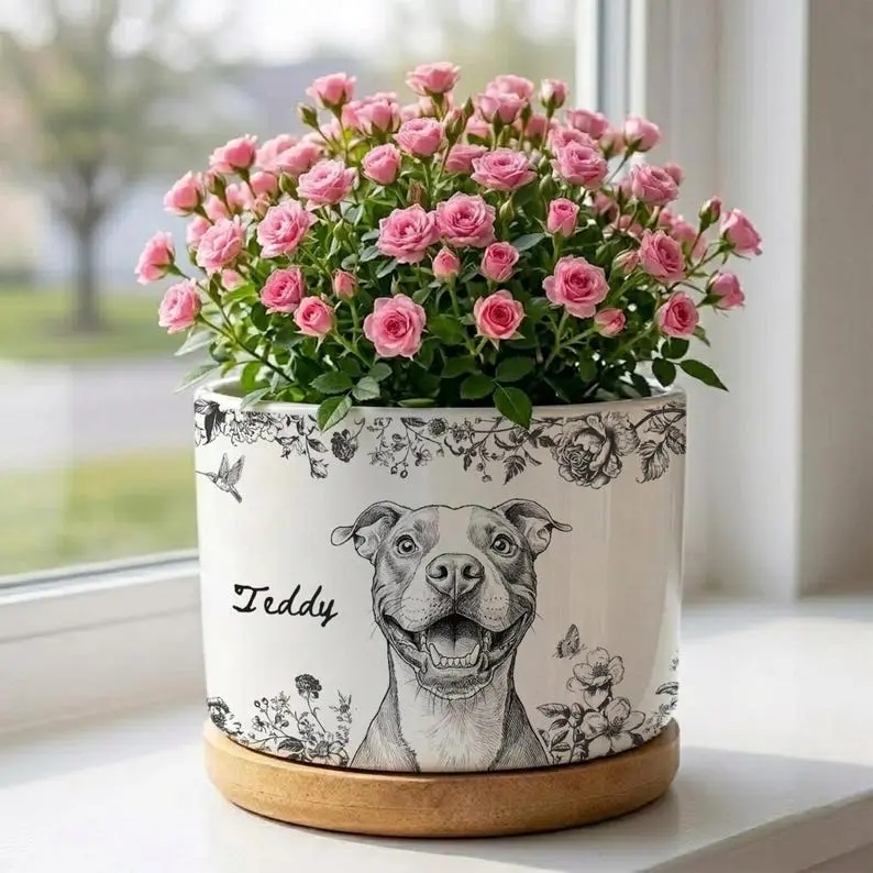 Personalized Pet Memorial Planter, Toile De Jouy Pet Photo Planter, Dog Loss Remembrance Gift, Pet Loss Gift