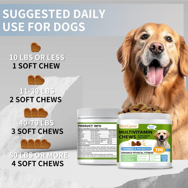 OurCares Dog Multivitamin Supplements 120 Count Dog Multivitamin Chewable  Immune Joint Support Skin Gut Health Glucosamine & Probiotics - Safe for Senior & Puppy Multivitamin - Chicken Flavor Pet Daily Chews Snacks