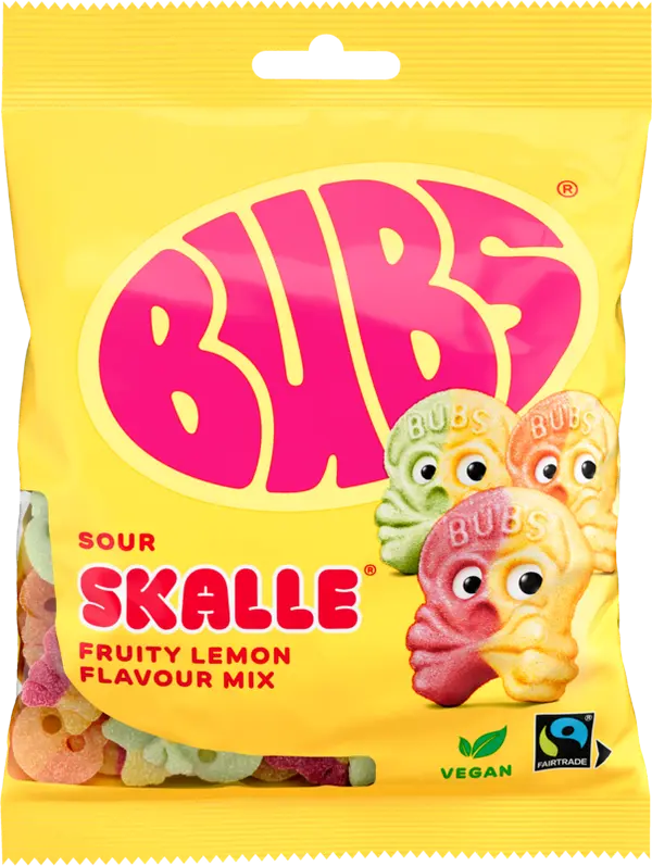 Swedish Bubs Sour Fruity Lemon Mini Skulls - Swedish Candy - BUBS Raspberry Lemonade Skulls - 90g Bag Chewy Sweet Sour Bonbon