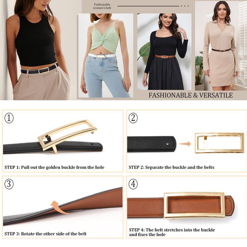 AWAYTR Women Reversible Leather Belt Two-in-One Ladies Fashion Skinny Belts for Jeans Dress with Golden Buckle TikTokShopBlackFriday