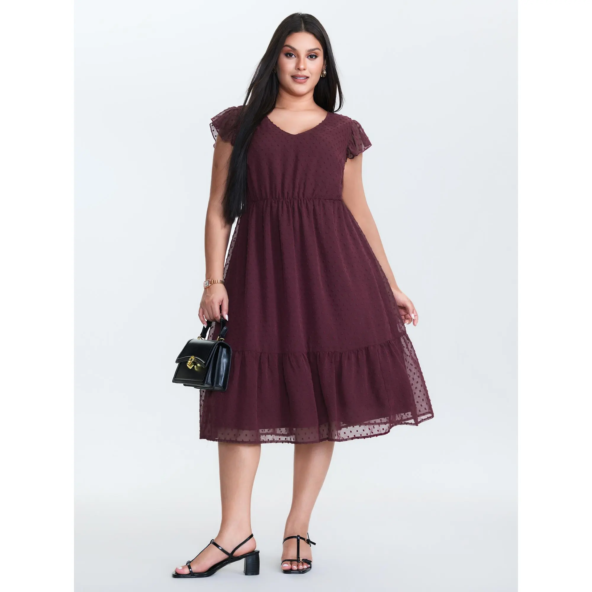Women's BLOOMCHIC Textured Polyester Chiffon Flutter Cap Sleeve Casual Midi Dress - Polyester Shell, Texture Detail, Ruffle, Pocket, Low Iron, Cold Wash, Summer Casual Wear, Garment, Regular Length, Synthetic Texture
