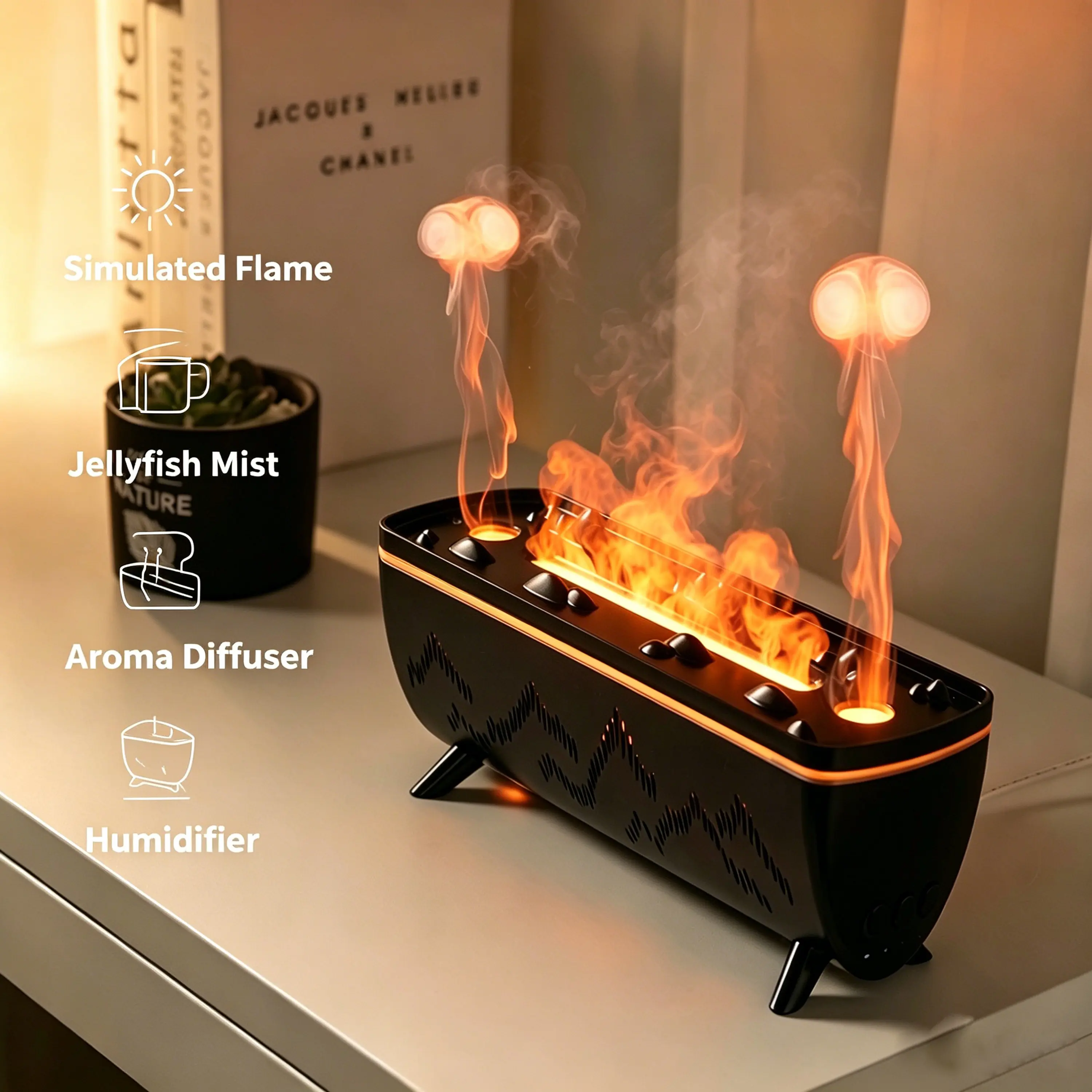 Desktop Ultrasonic Dual-Spray Aromatherapy Humidifier - Miniature Mist Diffuser, Simulation Flame Jellyfish Design, Safe Effective Operation, US Plug, Relaxing Gifts Self Care Gadgets, Sleep Anxiety Relief, Desk Home Decor