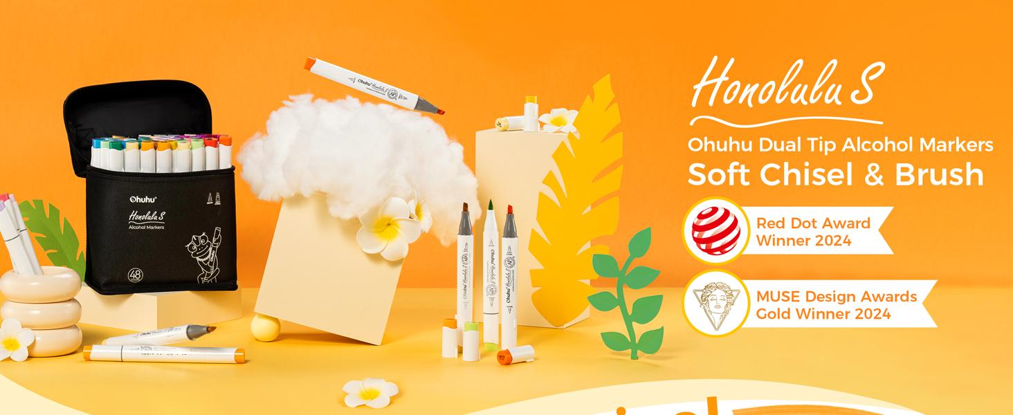 Ohuhu Alcohol Markers: Brush & Soft Chisel - 48-color - Dual Tips Drawing Markers for Artists Beginners Adults Coloring Illustration Sketching- Soft Chisel Red Dot Design Award Winner - Honolulu S Series of Ohuhuart
