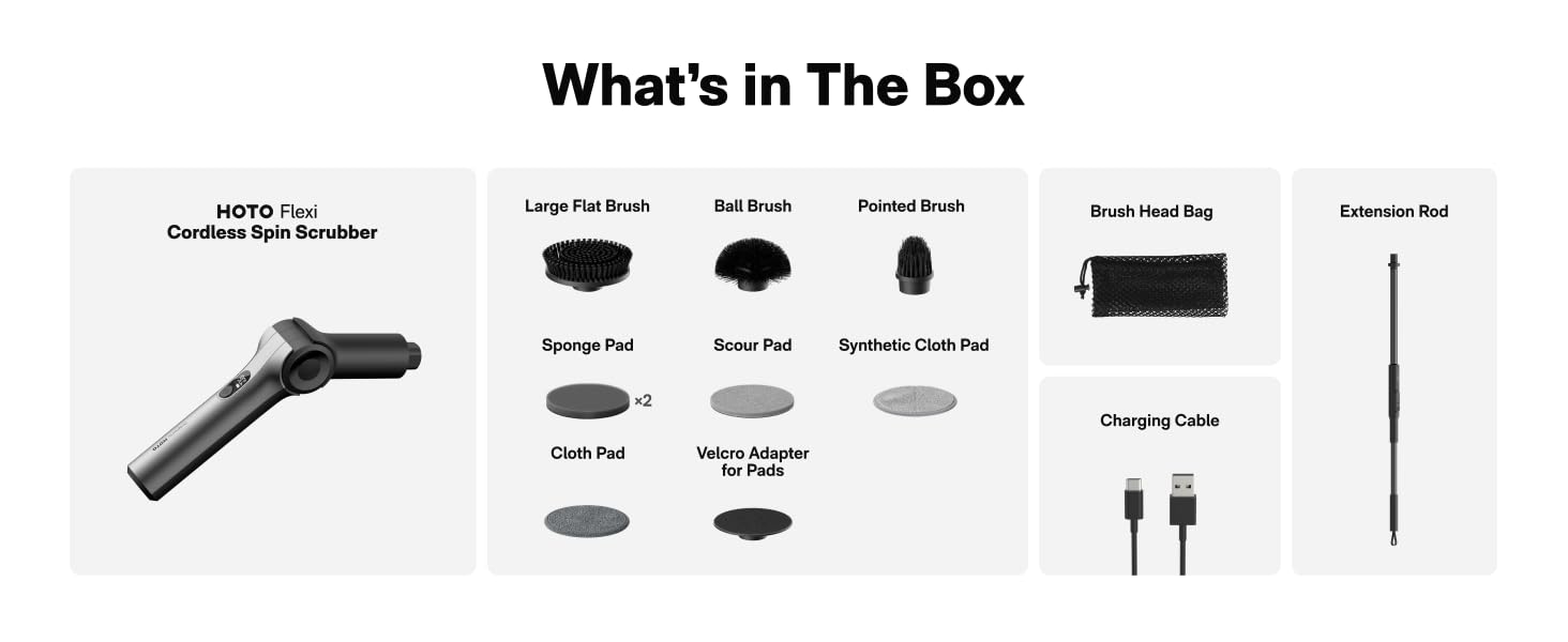 HOTO Flexi Cordless Electric Spin Scrubber, Adjustable Angle, Extendable Handle, Smart Display, IPX7 Waterproof, Powerful Cleaning Scrubber with 8 Replaceable Brush Heads, for Bathroom, Tile, Bathtub