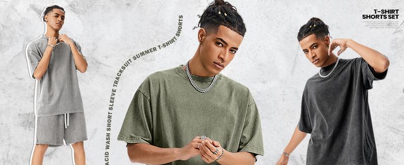 Gihuo Unisex Men Women Acid Wash Short Sleeve Tracksuit Summer T-shirt & Shorts Set Athletic 2 Piece Outfit Track Shorts Set with Elastic Waist & Drawstring