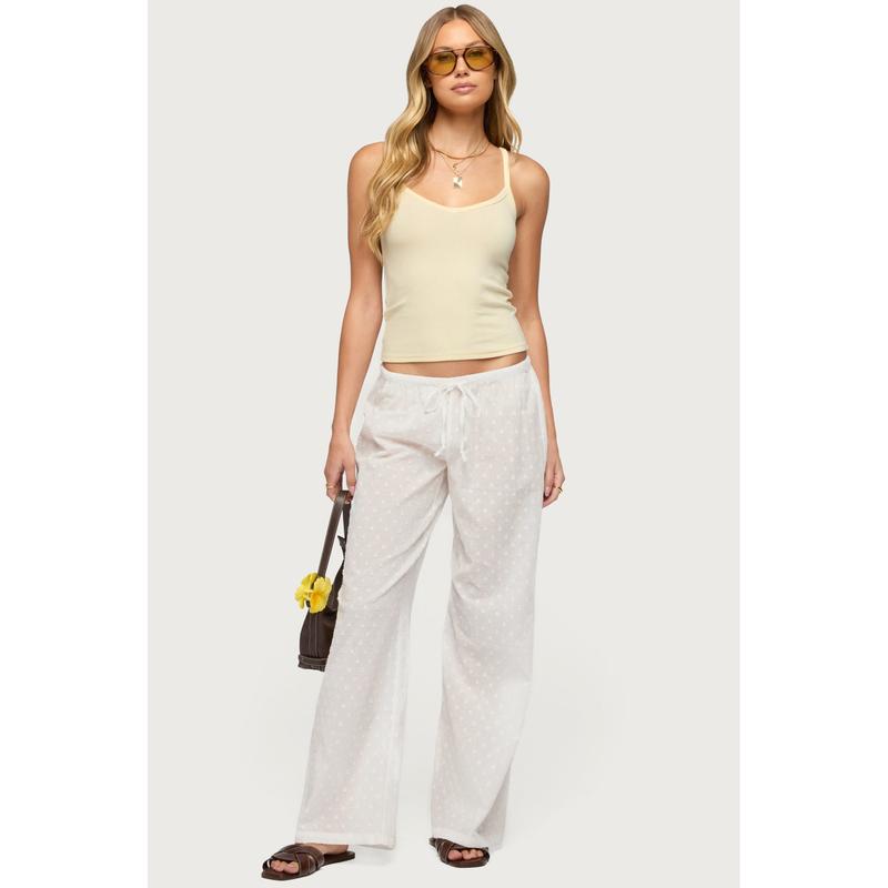 Embroidered Polka Dot Sheer Cotton Pants