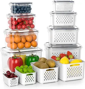 Nifogo 6-Pack Fridge Fruit Storage Containers with Removable Colanders 4 in 1 Produce Containers with Lids Leakproof Organizer for Salad Berry Lettuce Vegetables Meat