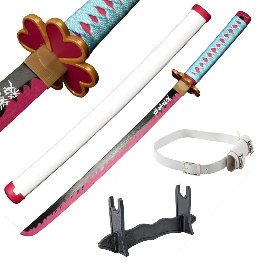 Demon Slayer Cosplay Sword, 31in Kanroji Mitsuri Bamboo & Plastic Replica for Safety Use, Halloween Prop for All Ages with Belt & Stand, New Year Gift, Christmas, Birthday, Wood, Decoration, White Belt, Holder Stand Display, Bamboo Wooden Blade, Unisex