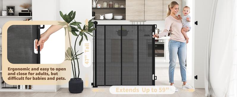SMONTER 47” Extra Tall Retractable Baby Gate, (Newly upgraded hook design) Reinforced Mesh Dog Gate Extends to 59" Wide, Baby Gate for Stairs, Doorways, Hallways, Indoor and Outdoor, Black