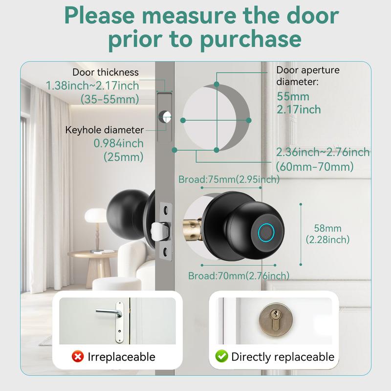 Smart Fingerprint Door Knob Keyless Entry 3-in-1 Biometric Knob Lock APP Control Bedroom Home Privacy