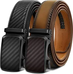 Men's Ratchet Belt 2 Pack-Click Leather Belt Adjustable for Men Gift 1 3/8-Cut for Perfect Fit,  32"-38"Waist Adjustable