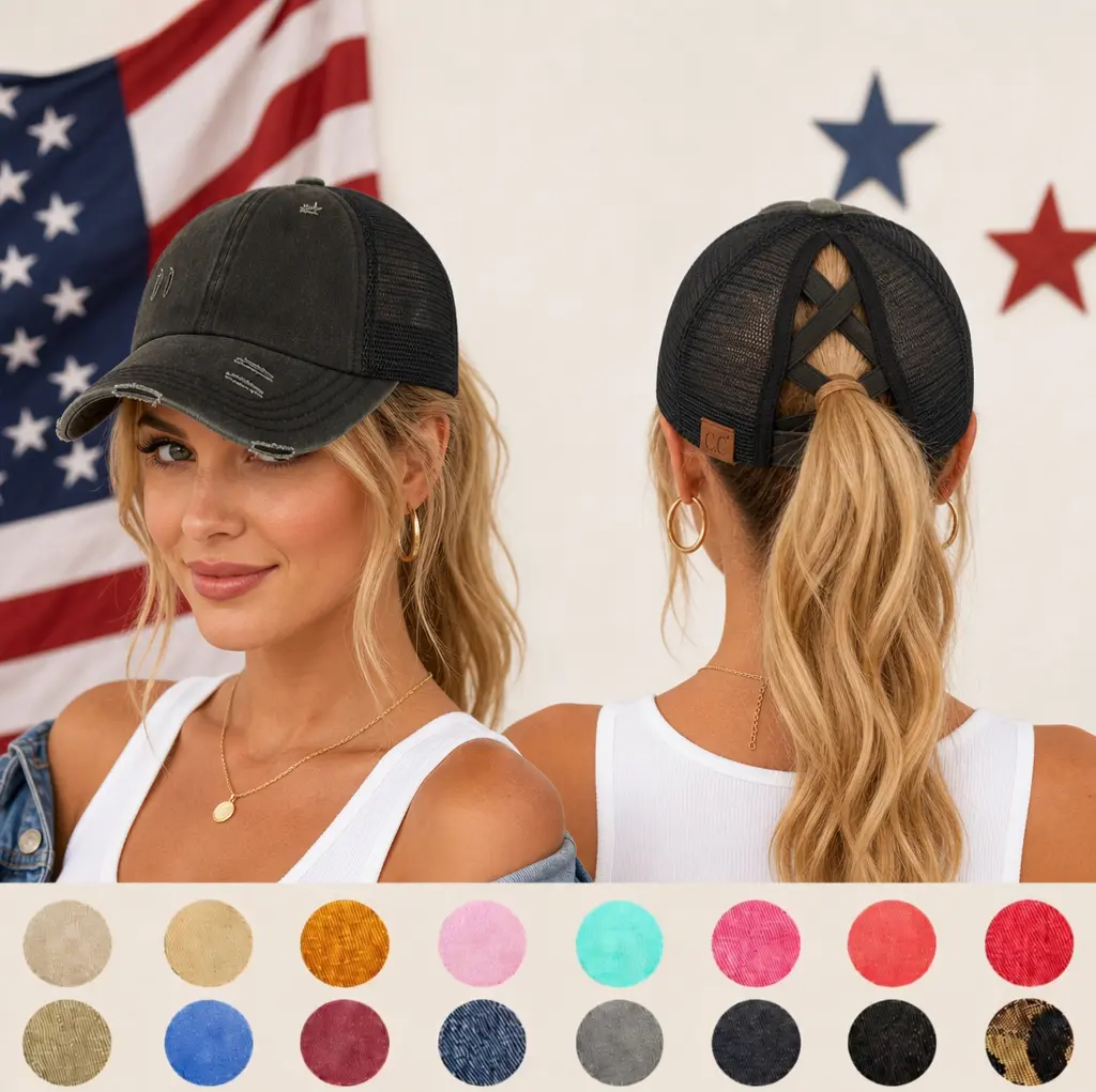 Patriotic Distressed Denim Ponytail Baseball Cap for Women – Perfect for back to school, labor day and veterans day, Adjustable Criss-Cross Back
