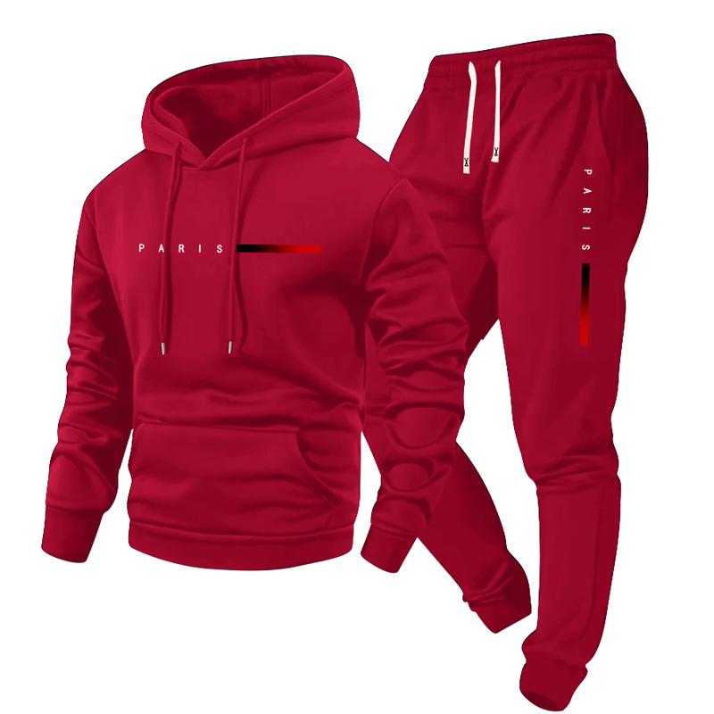 Men's Spring/Fall Paris Letter Print Hooded Sweater & Elastic Waist Drawstring Trousers Set Stylish Casual Two-Piece Gift for Husband or Boyfriend