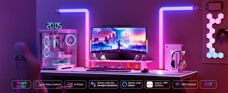 Lepro WL1 AI Smart RGB Wall Lights for Christmas Decorations, LLM AI Generated Lighting with LightBeats Music Sync, Voice Control Via App, Wi-Fi & Bluetooth LED Light Bars, 8 Pcs with 4 Corners