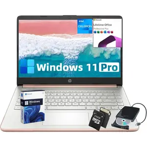 HP Laptops 14" Everyday PC - Windows 11 Pro, with  Microsoft Office Pro , Intel Quad-Core N4120, up to 16GB RAM, 384GB Storage (128GB eMMC+ 256GB microSD), Anti-Glare HD Display, Webcam, College Student Laptop,w/Accessories,Rose Gold