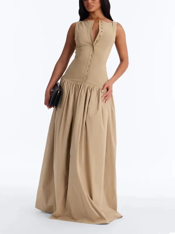Everly Drop Waist Button Up Maxi Dress - Taupe - TikTok Shop