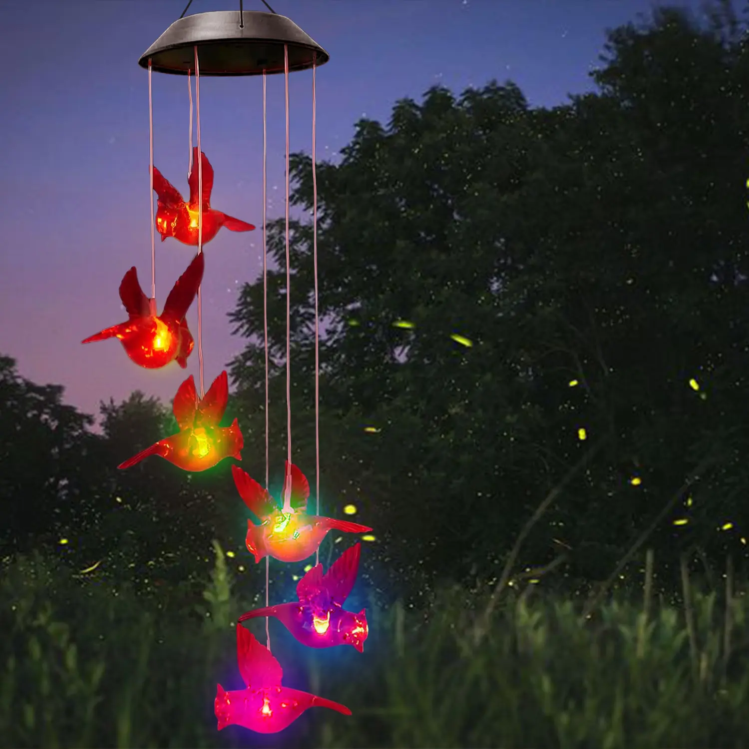 Cardinal Red Bird Wind Chime, Solar-Powered Mobile with 6 Vivid Hummingbirds and Multi-Color Changing LED Lights, Outdoor Decor for Patio, Home Party, Solar Light Outdoors, Wind Chimes, Garden Accessories, Lighted Decorative Lamps, Modern Decorative Lamps