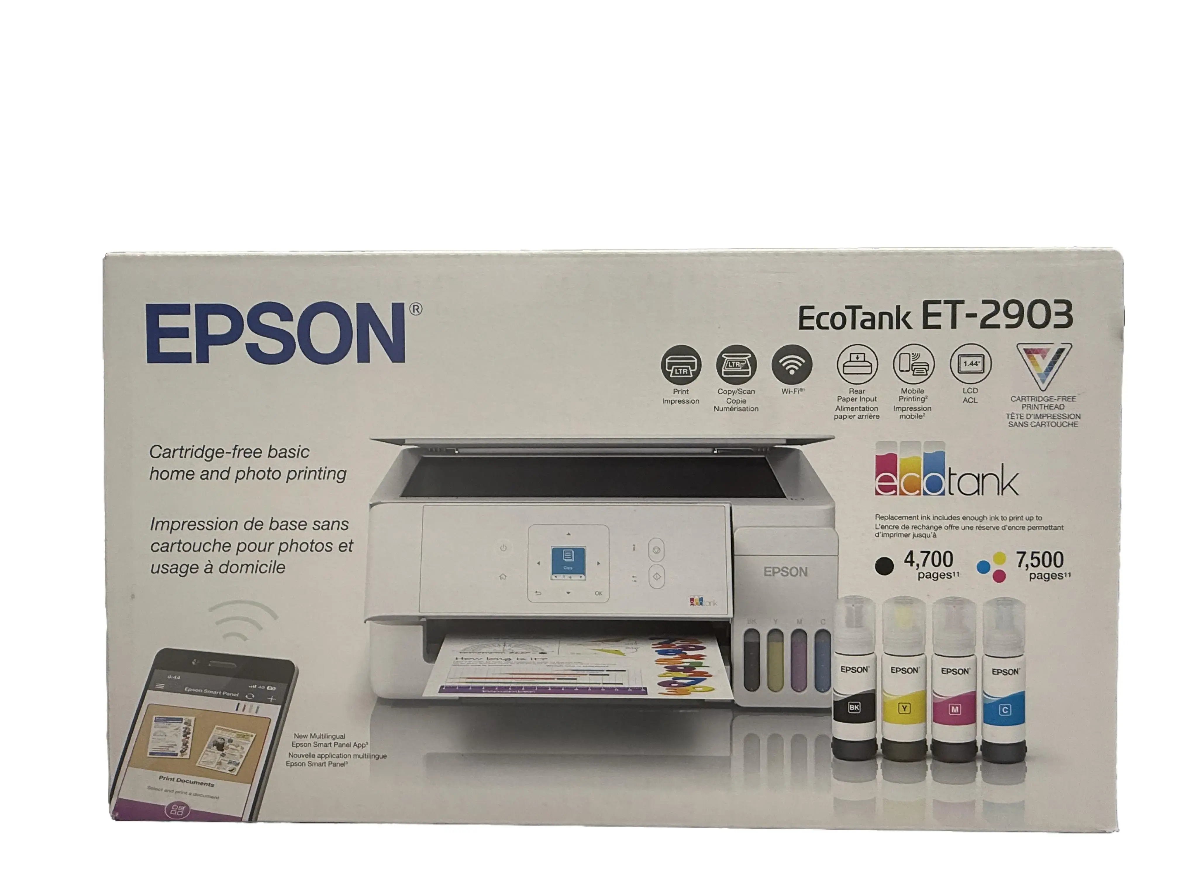 Epson EcoTank ET-2903 Wireless All-in-One Color Supertank Printer with up to 3 Years of Ink, Refillable Tanks, Perfect for Home, 11 PPM, 1.44" Color Screen, Built-in Scanner – White