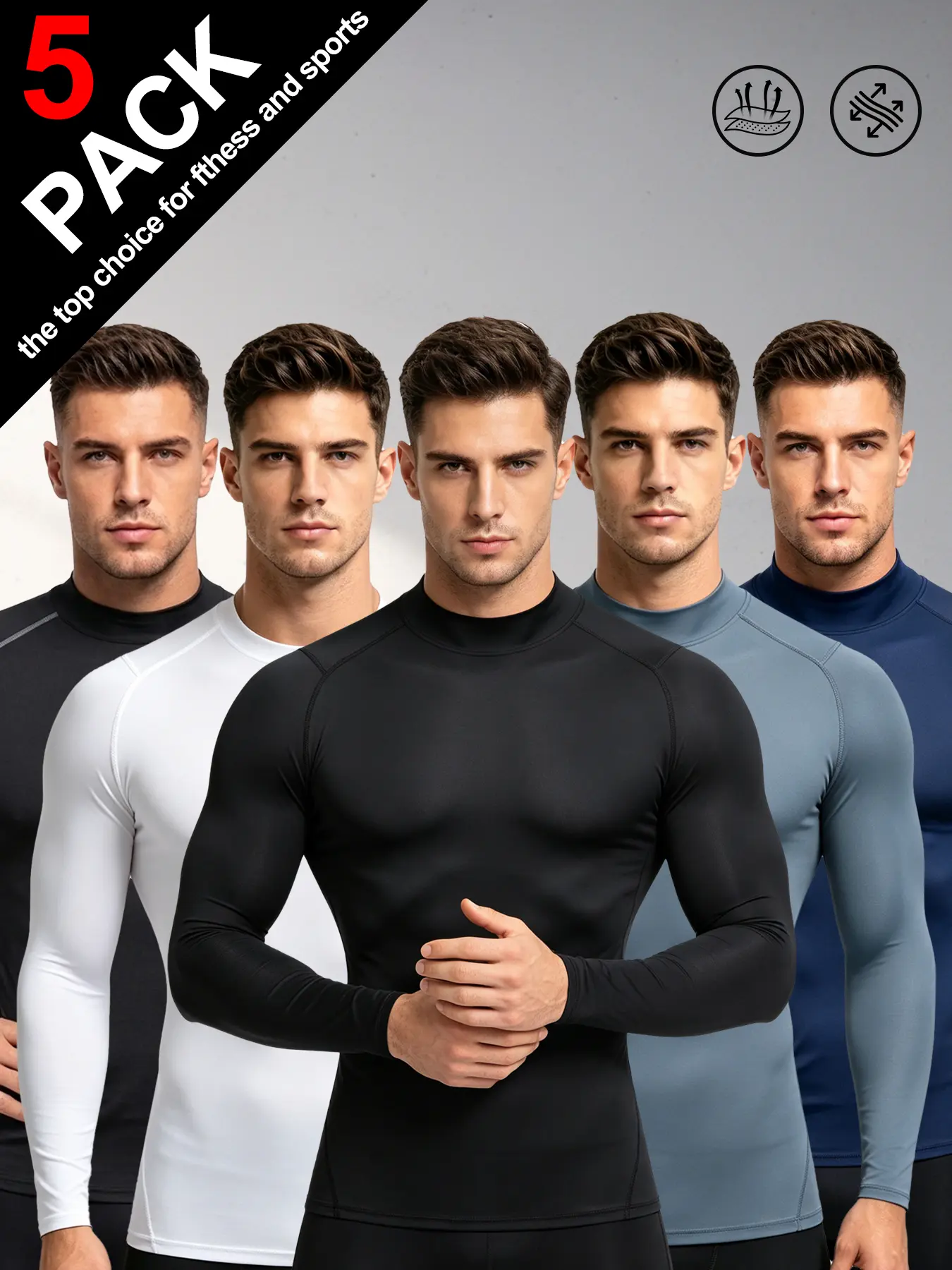 Men's 5 Pack Mock Neck Long Sleeve Compression Shirts, Quick Dry 4-Way Stretch Athletic Base Layer Tops, Breathable Workout Undershirts for Gym Running Cycling Sports