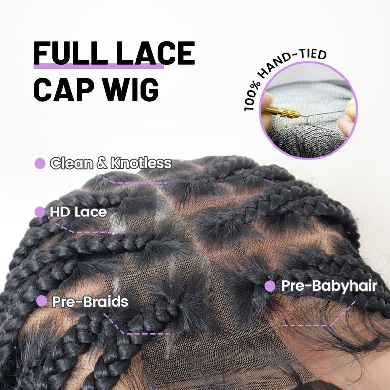 Boho Braided Wig 36Inch Full Lace Premium Synthetic Knotless Box Braid Wig with Baby Hair Bohemian Curly Ends