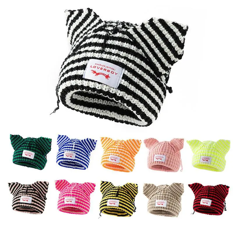 Stripe Knit Beanie Hats Cute Bunny Ears Grunge Cap Fluffy Winter Warm Knit Crochet Outdoor Slouchy Beanie Fashion Brand