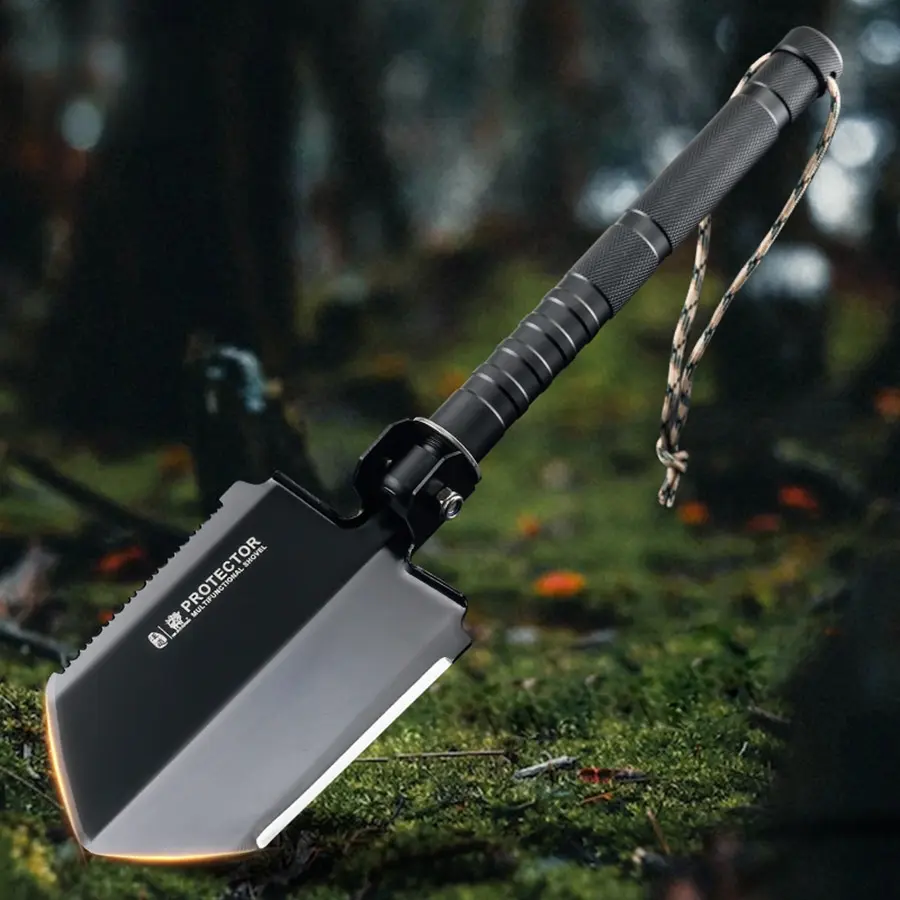 Outdoor engineer shovel, multifunctional shovel with compass, flint, sawtooth, foldable, extendable and detachable, can be turned into a hoe, suitable for outdoor exploration, rescue, garden planting and other scenes