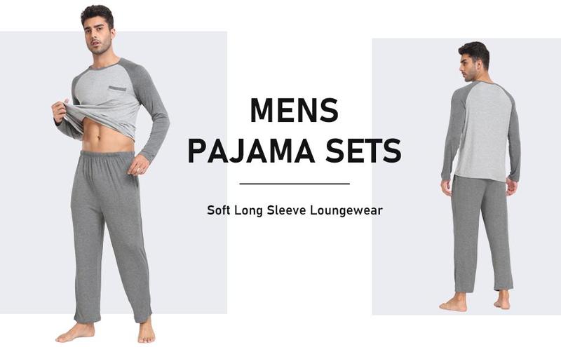 MoFiz Men's Long Sleeve Pajama Set with Modal Pants and Pockets for Fall and Spring Soft Casual Loungewear Crewneck Nightwear Homewear Pjs Pyjamas Menswear Suit Beige Light Grey