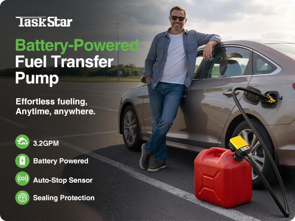 TaskStar Portable Fuel Transfer Pump 3.2 GPM- Auto-stop & Overfill Protection, Battery-Powered with 4 Adapters (Gas/Diesel/Oil/Water)