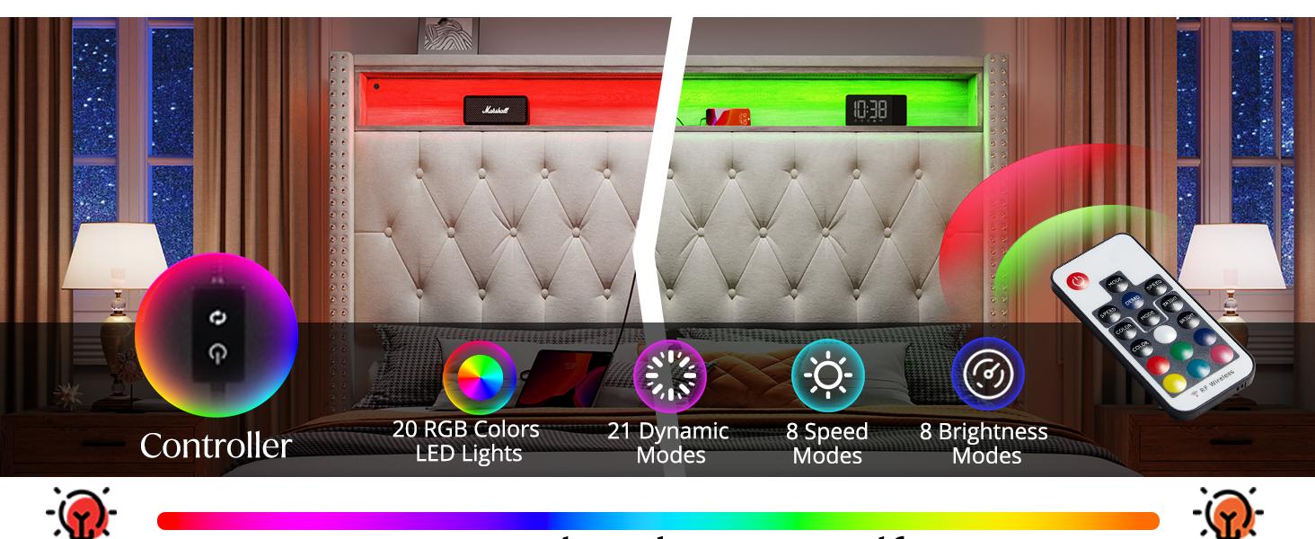 AMERLIFE LED Bed Frame with USB Ports and Motion Activated Night Light, Upholstered Bed Frame with Storage Button Tufted Headboard and Wingback, Comfortable&Sturdy/Queen/King Size/Best Gift Ideas/Christmas Gifts