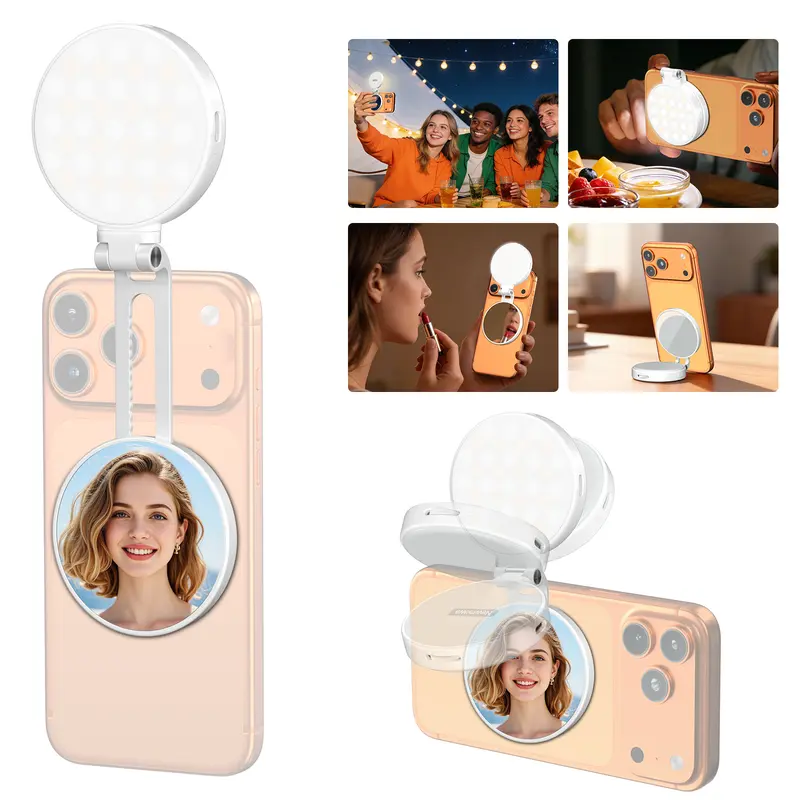 Newmowa 3-in-1 Combo Magnetic Mirror Selfie Tool - MagSafe 360° LED Ringlight, Mirror, Phone Stand, Portable Rechargeable, 3 Color Temperatures, iPhone 17 Compatible, Wireless LED Lights for Content Creators, Makeup Vlogging