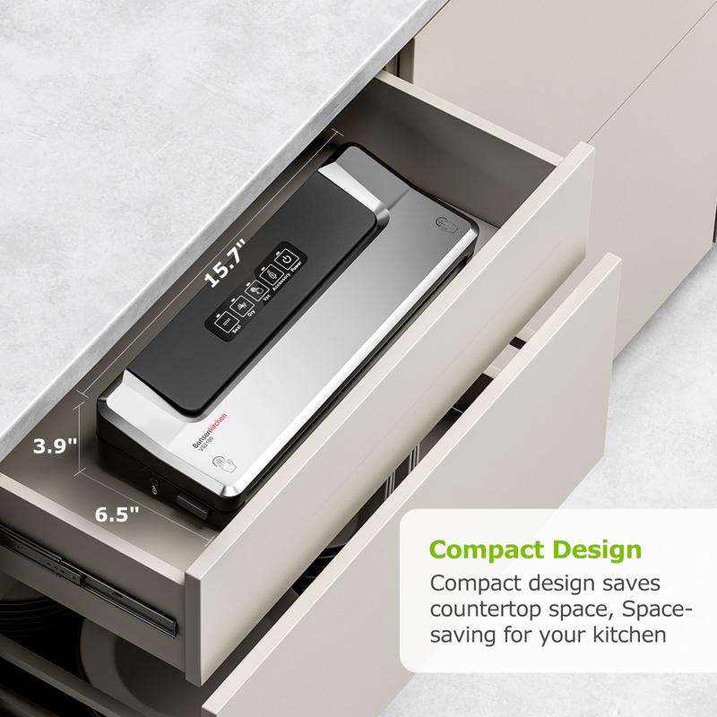 Bonsenkitchen Vacuum Sealer Machine with 40 Bags | Compact Food Sealer for Kitchen Storage & Meal Prep | Multiple Modes​​ | External Vacuum System, Silver​​
